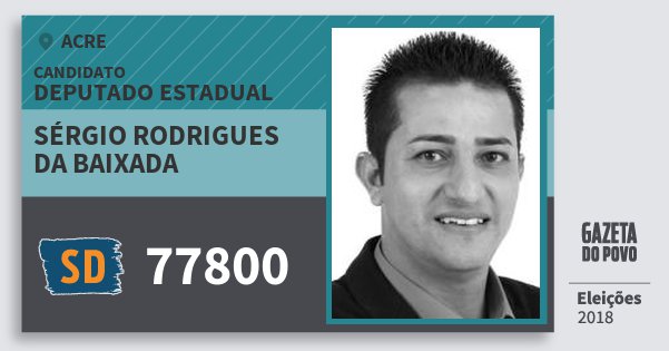 Santinho Sérgio Rodrigues da Baixada 77800 (SOLIDARIEDADE) Deputado Estadual | Acre | Eleições 2018 Santinho Sérgio Rodrigues da Baixada 77800 (SOLIDARIEDADE) Deputado Estadual | Acre | Eleições 2018