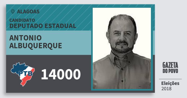 Santinho Antonio Albuquerque 14000 (PTB) Deputado Estadual | Alagoas | Eleições 2018 Santinho Antonio Albuquerque 14000 (PTB) Deputado Estadual | Alagoas | Eleições 2018