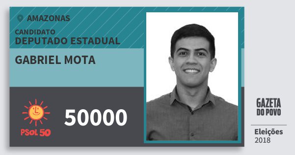 Santinho Gabriel Mota 50000 (PSOL) Deputado Estadual | Amazonas | Eleições 2018 Santinho Gabriel Mota 50000 (PSOL) Deputado Estadual | Amazonas | Eleições 2018