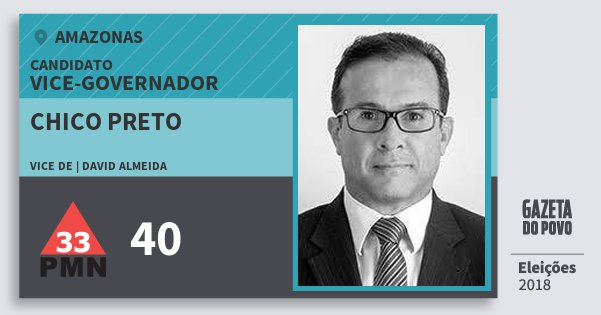 Santinho Chico Preto 40 (PMN) Vice-governador | Amazonas | Eleições 2018 Santinho Chico Preto 40 (PMN) Vice-governador | Amazonas | Eleições 2018