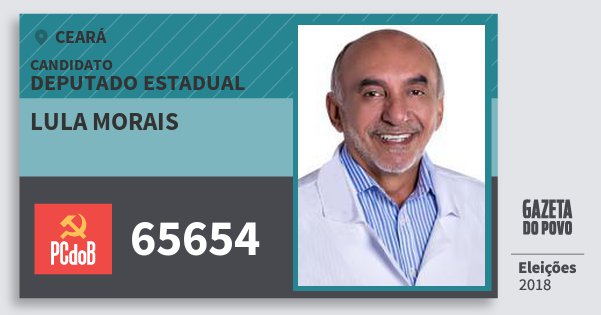 Santinho Lula Morais 65654 (PC do B) Deputado Estadual | Ceará | Eleições 2018 Santinho Lula Morais 65654 (PC do B) Deputado Estadual | Ceará | Eleições 2018