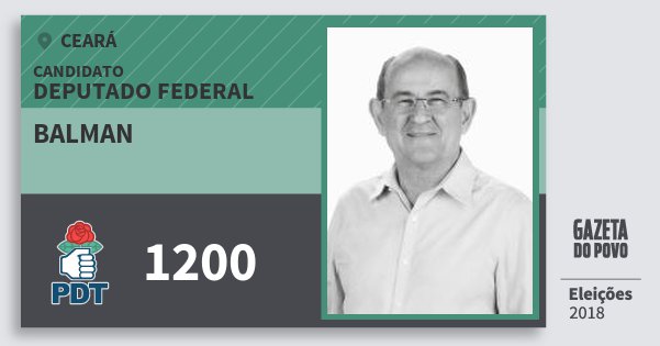 Santinho Balman 1200 (PDT) Deputado Federal | Ceará | Eleições 2018 Santinho Balman 1200 (PDT) Deputado Federal | Ceará | Eleições 2018