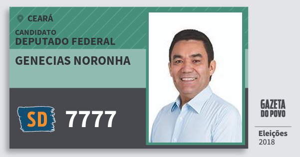 Santinho Genecias Noronha 7777 (SOLIDARIEDADE) Deputado Federal | Ceará | Eleições 2018 Santinho Genecias Noronha 7777 (SOLIDARIEDADE) Deputado Federal | Ceará | Eleições 2018