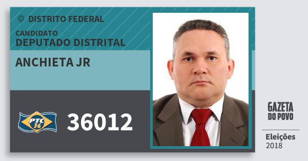 Santinho Anchieta Jr 36012 (PTC) Deputado Distrital | Distrito Federal | Eleições 2018 Santinho Anchieta Jr 36012 (PTC) Deputado Distrital | Distrito Federal | Eleições 2018