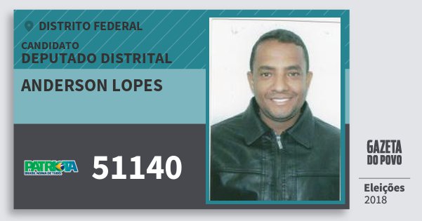 Santinho Anderson Lopes 51140 (PATRI) Deputado Distrital | Distrito Federal | Eleições 2018 Santinho Anderson Lopes 51140 (PATRI) Deputado Distrital | Distrito Federal | Eleições 2018