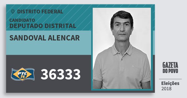 Santinho Sandoval Alencar 36333 (PTC) Deputado Distrital | Distrito Federal | Eleições 2018 Santinho Sandoval Alencar 36333 (PTC) Deputado Distrital | Distrito Federal | Eleições 2018