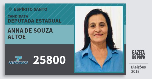 Santinho Anna de Souza Altoé 25800 (DEM) Deputada Estadual | Espírito Santo | Eleições 2018 Santinho Anna de Souza Altoé 25800 (DEM) Deputada Estadual | Espírito Santo | Eleições 2018