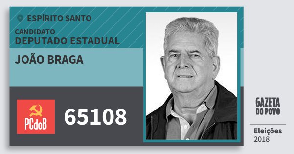 Santinho João Braga 65108 (PC do B) Deputado Estadual | Espírito Santo | Eleições 2018 Santinho João Braga 65108 (PC do B) Deputado Estadual | Espírito Santo | Eleições 2018
