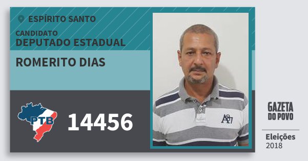 Santinho Romerito Dias 14456 (PTB) Deputado Estadual | Espírito Santo | Eleições 2018 Santinho Romerito Dias 14456 (PTB) Deputado Estadual | Espírito Santo | Eleições 2018
