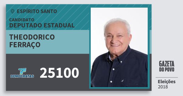 Santinho Theodorico Ferraço 25100 (DEM) Deputado Estadual | Espírito Santo | Eleições 2018 Santinho Theodorico Ferraço 25100 (DEM) Deputado Estadual | Espírito Santo | Eleições 2018