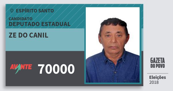 Santinho Ze do Canil 70000 (AVANTE) Deputado Estadual | Espírito Santo | Eleições 2018 Santinho Ze do Canil 70000 (AVANTE) Deputado Estadual | Espírito Santo | Eleições 2018