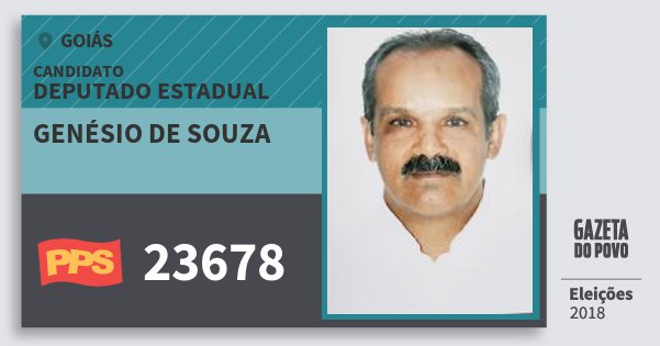 Santinho Genésio de Souza 23678 (PPS) Deputado Estadual | Goiás | Eleições 2018 Santinho Genésio de Souza 23678 (PPS) Deputado Estadual | Goiás | Eleições 2018