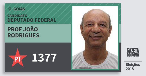 Santinho Prof João Rodrigues 1377 (PT) Deputado Federal | Goiás | Eleições 2018 Santinho Prof João Rodrigues 1377 (PT) Deputado Federal | Goiás | Eleições 2018