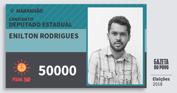Santinho Enilton Rodrigues 50000 (PSOL) Deputado Estadual | Maranhão | Eleições 2018 Santinho Enilton Rodrigues 50000 (PSOL) Deputado Estadual | Maranhão | Eleições 2018