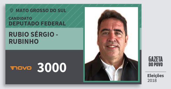 Santinho Rubio Sérgio - Rubinho 3000 (NOVO) Deputado Federal | Mato Grosso do Sul | Eleições 2018 Santinho Rubio Sérgio - Rubinho 3000 (NOVO) Deputado Federal | Mato Grosso do Sul | Eleições 2018