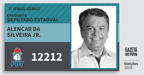 Santinho Alencar da Silveira Jr. 12212 (PDT) Deputado Estadual | Minas Gerais | Eleições 2018 Santinho Alencar da Silveira Jr. 12212 (PDT) Deputado Estadual | Minas Gerais | Eleições 2018