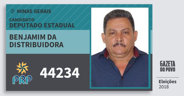 Santinho Benjamim da Distribuidora 44234 (PRP) Deputado Estadual | Minas Gerais | Eleições 2018 Santinho Benjamim da Distribuidora 44234 (PRP) Deputado Estadual | Minas Gerais | Eleições 2018