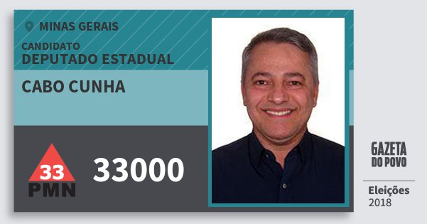 Santinho Cabo Cunha 33000 (PMN) Deputado Estadual | Minas Gerais | Eleições 2018 Santinho Cabo Cunha 33000 (PMN) Deputado Estadual | Minas Gerais | Eleições 2018