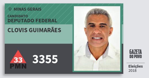 Santinho Clovis Guimarães 3355 (PMN) Deputado Federal | Minas Gerais | Eleições 2018 Santinho Clovis Guimarães 3355 (PMN) Deputado Federal | Minas Gerais | Eleições 2018