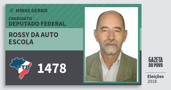 Santinho Rossy da Auto Escola 1478 (PTB) Deputado Federal | Minas Gerais | Eleições 2018 Santinho Rossy da Auto Escola 1478 (PTB) Deputado Federal | Minas Gerais | Eleições 2018