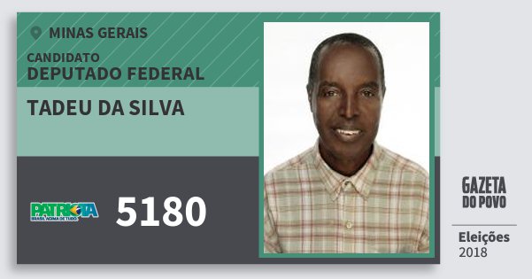 Santinho Tadeu da Silva 5180 (PATRI) Deputado Federal | Minas Gerais | Eleições 2018 Santinho Tadeu da Silva 5180 (PATRI) Deputado Federal | Minas Gerais | Eleições 2018