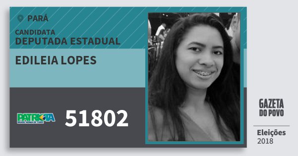 Santinho Edileia Lopes 51802 (PATRI) Deputada Estadual | Pará | Eleições 2018 Santinho Edileia Lopes 51802 (PATRI) Deputada Estadual | Pará | Eleições 2018