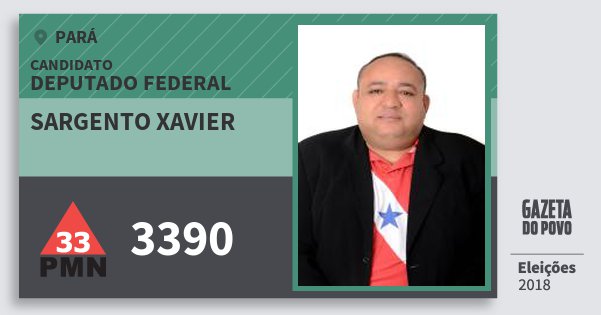 Santinho Sargento Xavier 3390 (PMN) Deputado Federal | Pará | Eleições 2018 Santinho Sargento Xavier 3390 (PMN) Deputado Federal | Pará | Eleições 2018