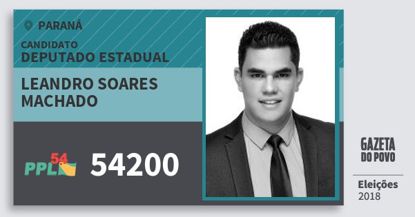 Santinho Leandro Soares Machado 54200 (PPL) Deputado Estadual | Paraná | Eleições 2018 Santinho Leandro Soares Machado 54200 (PPL) Deputado Estadual | Paraná | Eleições 2018