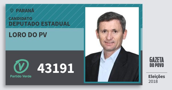 Santinho Loro do Pv 43191 (PV) Deputado Estadual | Paraná | Eleições 2018 Santinho Loro do Pv 43191 (PV) Deputado Estadual | Paraná | Eleições 2018