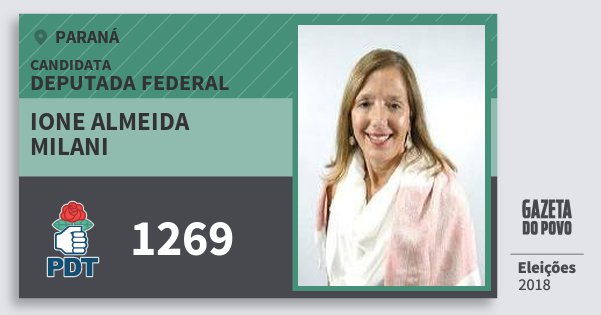 Santinho Ione Almeida Milani 1269 (PDT) Deputada Federal | Paraná | Eleições 2018 Santinho Ione Almeida Milani 1269 (PDT) Deputada Federal | Paraná | Eleições 2018