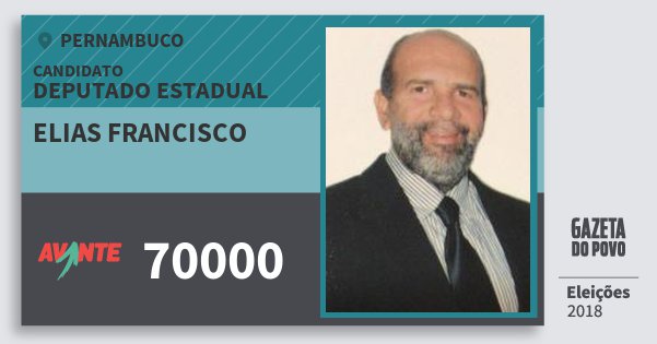 Santinho Elias Francisco 70000 (AVANTE) Deputado Estadual | Pernambuco | Eleições 2018 Santinho Elias Francisco 70000 (AVANTE) Deputado Estadual | Pernambuco | Eleições 2018