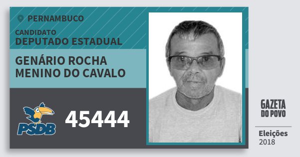 Santinho Genário Rocha Menino do Cavalo 45444 (PSDB) Deputado Estadual | Pernambuco | Eleições 2018 Santinho Genário Rocha Menino do Cavalo 45444 (PSDB) Deputado Estadual | Pernambuco | Eleições 2018