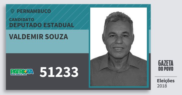 Santinho Valdemir Souza 51233 (PATRI) Deputado Estadual | Pernambuco | Eleições 2018 Santinho Valdemir Souza 51233 (PATRI) Deputado Estadual | Pernambuco | Eleições 2018