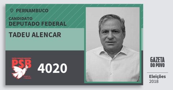 Santinho Tadeu Alencar 4020 (PSB) Deputado Federal | Pernambuco | Eleições 2018 Santinho Tadeu Alencar 4020 (PSB) Deputado Federal | Pernambuco | Eleições 2018