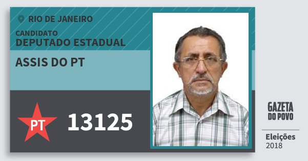 Santinho Assis do Pt 13125 (PT) Deputado Estadual | Rio de Janeiro | Eleições 2018 Santinho Assis do Pt 13125 (PT) Deputado Estadual | Rio de Janeiro | Eleições 2018