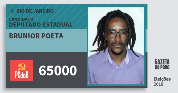 Santinho Brunior Poeta 65000 (PC do B) Deputado Estadual | Rio de Janeiro | Eleições 2018 Santinho Brunior Poeta 65000 (PC do B) Deputado Estadual | Rio de Janeiro | Eleições 2018