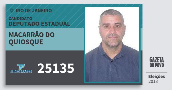 Santinho Macarrão do Quiosque 25135 (DEM) Deputado Estadual | Rio de Janeiro | Eleições 2018 Santinho Macarrão do Quiosque 25135 (DEM) Deputado Estadual | Rio de Janeiro | Eleições 2018