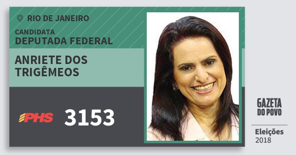 Santinho Anriete dos Trigêmeos 3153 (PHS) Deputada Federal | Rio de Janeiro | Eleições 2018 Santinho Anriete dos Trigêmeos 3153 (PHS) Deputada Federal | Rio de Janeiro | Eleições 2018