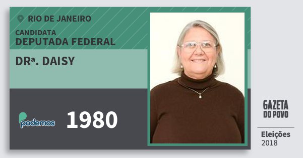 Santinho Drª. Daisy 1980 (PODE) Deputada Federal | Rio de Janeiro | Eleições 2018 Santinho Drª. Daisy 1980 (PODE) Deputada Federal | Rio de Janeiro | Eleições 2018