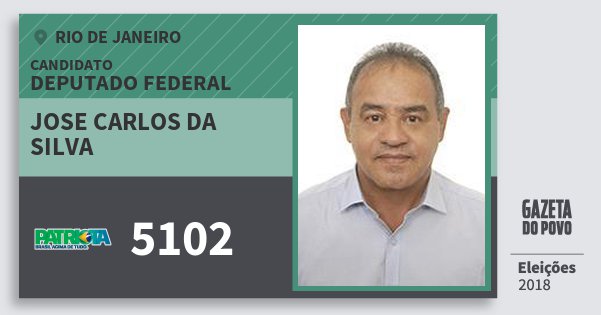 Santinho Jose Carlos da Silva 5102 (PATRI) Deputado Federal | Rio de Janeiro | Eleições 2018 Santinho Jose Carlos da Silva 5102 (PATRI) Deputado Federal | Rio de Janeiro | Eleições 2018