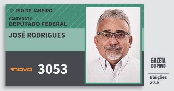 Santinho José Rodrigues 3053 (NOVO) Deputado Federal | Rio de Janeiro | Eleições 2018 Santinho José Rodrigues 3053 (NOVO) Deputado Federal | Rio de Janeiro | Eleições 2018