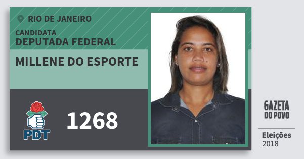 Santinho Millene do Esporte 1268 (PDT) Deputada Federal | Rio de Janeiro | Eleições 2018 Santinho Millene do Esporte 1268 (PDT) Deputada Federal | Rio de Janeiro | Eleições 2018
