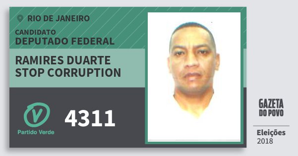 Santinho Ramires Duarte Stop Corruption 4311 (PV) Deputado Federal | Rio de Janeiro | Eleições 2018 Santinho Ramires Duarte Stop Corruption 4311 (PV) Deputado Federal | Rio de Janeiro | Eleições 2018