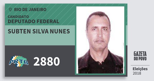 Santinho Subten Silva Nunes 2880 (PRTB) Deputado Federal | Rio de Janeiro | Eleições 2018 Santinho Subten Silva Nunes 2880 (PRTB) Deputado Federal | Rio de Janeiro | Eleições 2018