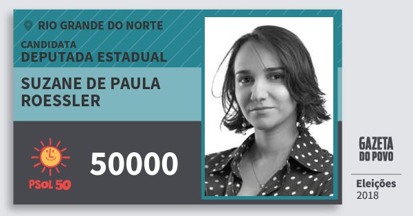 Santinho Suzane de Paula Roessler 50000 (PSOL) Deputada Estadual | Rio Grande do Norte | Eleições 2018 Santinho Suzane de Paula Roessler 50000 (PSOL) Deputada Estadual | Rio Grande do Norte | Eleições 2018
