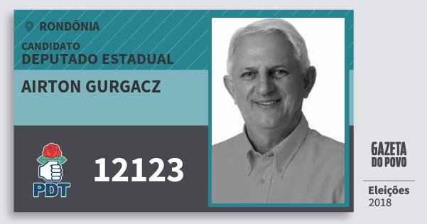 Santinho Airton Gurgacz 12123 (PDT) Deputado Estadual | Rondônia | Eleições 2018 Santinho Airton Gurgacz 12123 (PDT) Deputado Estadual | Rondônia | Eleições 2018