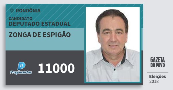 Santinho Zonga de Espigão 11000 (PP) Deputado Estadual | Rondônia | Eleições 2018 Santinho Zonga de Espigão 11000 (PP) Deputado Estadual | Rondônia | Eleições 2018