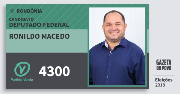 Santinho Ronildo Macedo 4300 (PV) Deputado Federal | Rondônia | Eleições 2018 Santinho Ronildo Macedo 4300 (PV) Deputado Federal | Rondônia | Eleições 2018