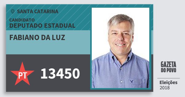 Santinho Fabiano da Luz 13450 (PT) Deputado Estadual | Santa Catarina | Eleições 2018 Santinho Fabiano da Luz 13450 (PT) Deputado Estadual | Santa Catarina | Eleições 2018