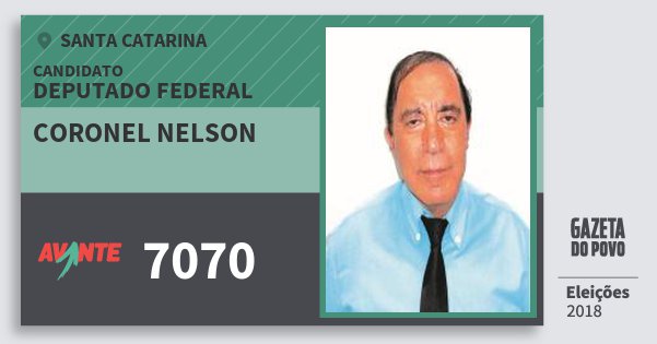 Santinho Coronel Nelson 7070 (AVANTE) Deputado Federal | Santa Catarina | Eleições 2018 Santinho Coronel Nelson 7070 (AVANTE) Deputado Federal | Santa Catarina | Eleições 2018